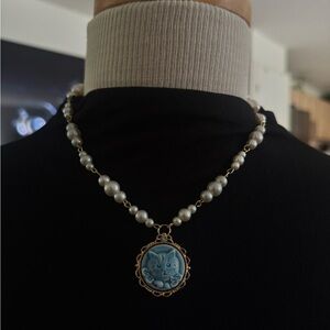 Elegant Pearl and Blue Cameo Necklace